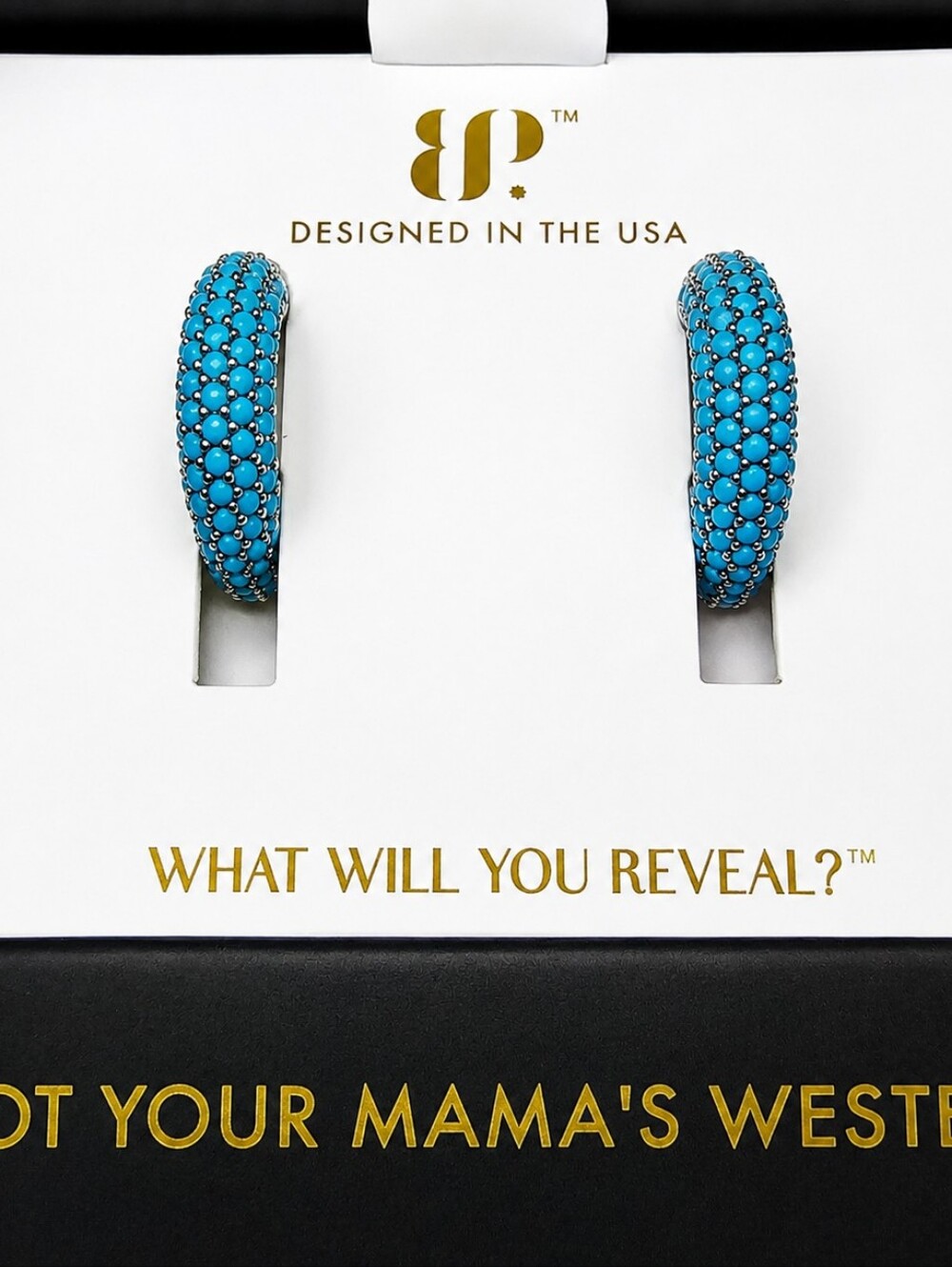 Bomb Party Honey & Hide Turquoise Magnesite Outlaw Hoop Earrings 1" Rhodium Plat